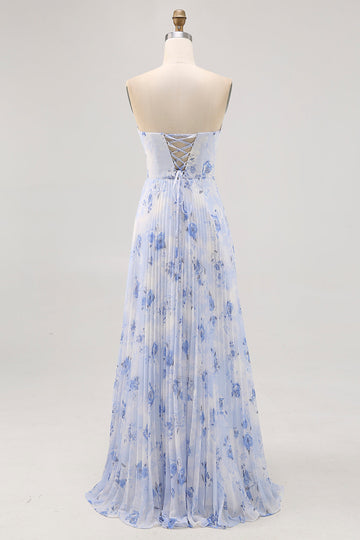 Vestido de dama de honor largo plisado plisado sin tirantes floral azul